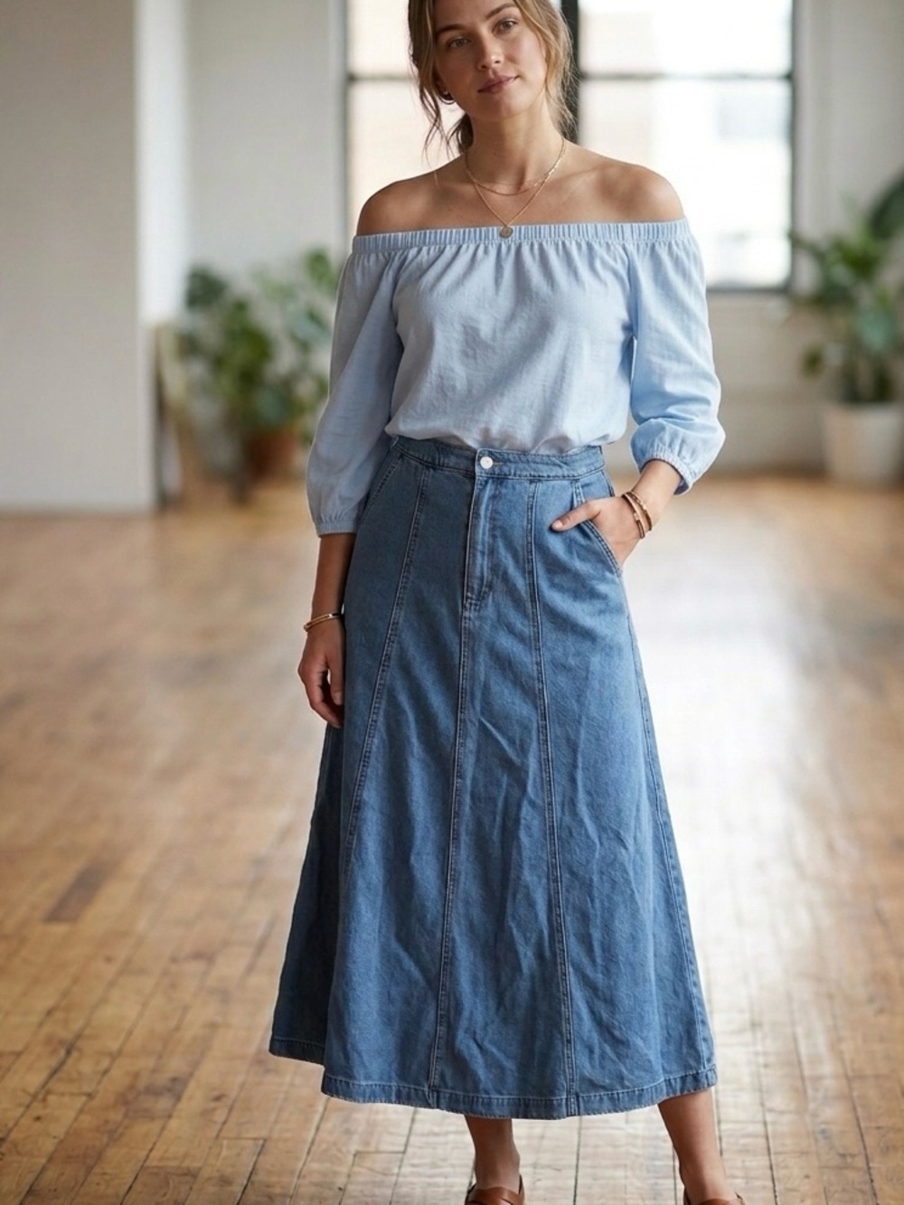 NWOT Universal Thread Women's High-Rise Paneled Denim Midi Skirt - Size 12
